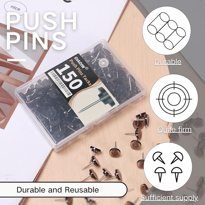 150 PCS Flat Black Push Pins for Wall Clear Thumb Tacks for Walls Flat thumbtacks Push pin for Bulletin Board Shadow Box Display Thumbtack for Cork Board-DeskLoop Office