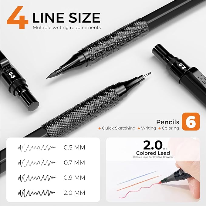 35PCS Black Art Mechanical Pencil Set in Case,0.5 0.7 0.9 2.0 Graphite Metal Drawing Drafting Pencils, Sharpener Erasers 384PCS Lead Refills (6B 4B 2B HB 2H 4H Colors) for Writing Sketching-DeskLoop Office