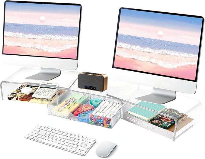 Clear Acrylic Desk Organizers and Accessories, Dual Computer Monitor Stand Riser with Drawer, Desk Shelf for Monitor, Workspace Desktop Organization for Office Supplies-DeskLoop Office