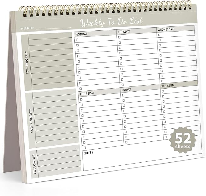 Weekly To Do List Notepad, 52 Undated Sheets (8.5"×11") Duplex-printed Daily Planner For Work Home School Office Desk Accessories Supplies & Goal Setting Tasks - Beige-DeskLoop Office