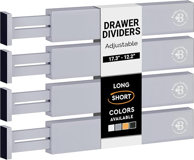 4 Pack Drawer Divider - Bamboo 2.6" High, 12.5-17" Adjustable Drawer Organizers for Clothes, Expandable Dresser Separators in Bedroom/Bathroom/Kitchen/Office Organization and Storage (Grey)-DeskLoop Office