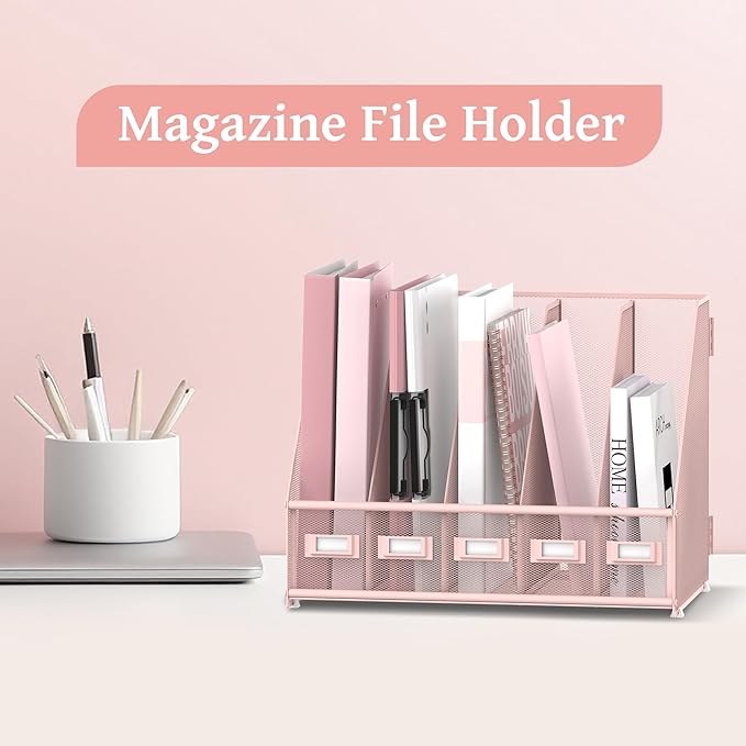 SUPEASY Desk Organizers Metal Desk Magazine File Holder with 5 Vertical Compartments Rack File Organizer for Office Desktop, Home Workspace, Pink-DeskLoop Office