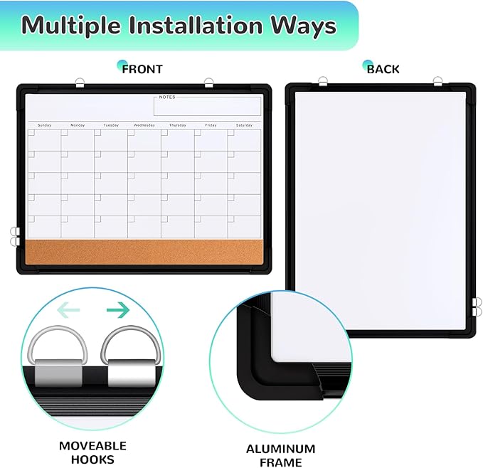 Monthly Calendar Whiteboard, 24"x18" Dry Erase Cork Board Combination for Wall, Magnetic Dry Erase Board, Double-Sided White Board, Portable Board for Office, Kitchen, Planning, Memo, School, Home-DeskLoop Office