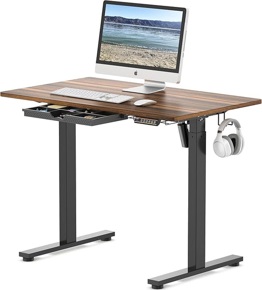 SHW 40-Inch Electric Height Adjustable Standing Desk with Drawer, Memory Preset and Cable Management Tray, Walnut-DeskLoop Office