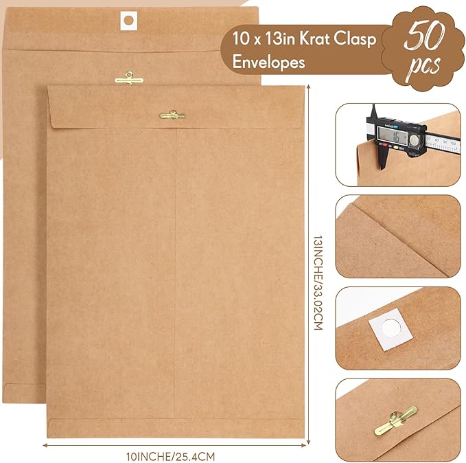 Teling 50 Pcs Manilla Envelopes Clasp Kraft Catalog with Closure for Storing Mailing 28 lb Kraft Envelope Paper for Office Document School Business Home(Brown,10 * 13)-DeskLoop Office