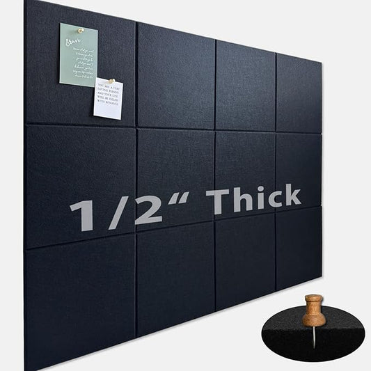 Large Cork Board for Office Wall Decor,48"x36"-12 Pack Felt Wall Tiles with Safe Removable Adhesive Tabs, 1/2" Thick, Felt Bulletin Board Pin Board Cork Boards for Walls - Black-DeskLoop Office