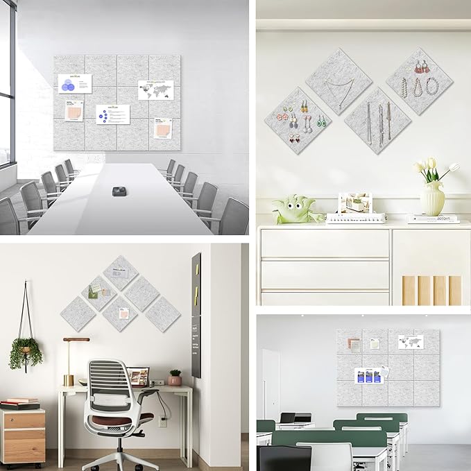 Large Cork Board for Office Wall Decor,48"x36"-12 Pack Felt Wall Tiles with Safe Removable Adhesive Tabs, 1/2" Thick, Felt Bulletin Board Pin Board Cork Boards for Walls - Light Grey-DeskLoop Office