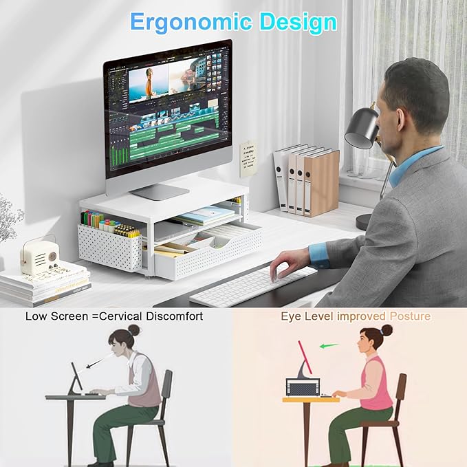 gianotter Wood Monitor Stand Riser, Office Desk Shelf Organizer, Desk Organizer with Drawer and Pen Holder, 2-Tier Computer Stand, Office Organization (Matte White)-DeskLoop Office