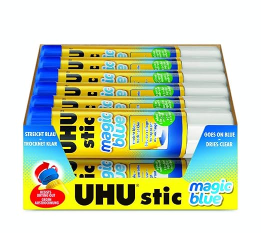 UHU Colored Glue Stick, 0.74oz Blue, rubs on Blue & Dries Clear, Washable, Solvent Free, Screw on Cap, Pack of 12, 9U 99602-DeskLoop Office