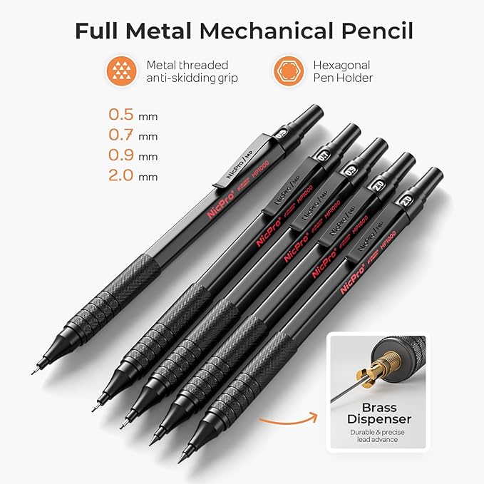 Nicpro 22PCS Art Mechanical Pencil Set, Black Artist Metal Drafting Pencil 0.5 & 0.7 & 0.9 mm & 2PCS 2mm Graphite Lead Holder(4B 2B HB 2H) for Drawing Writing Sketching With Lead Refills Erasers Case-DeskLoop Office