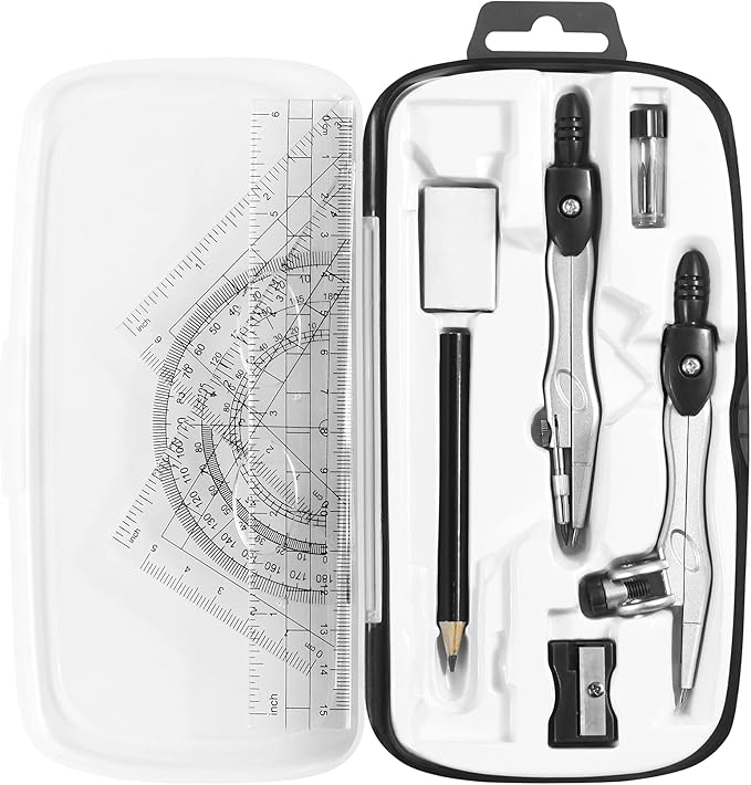 Math Geometry Kit Sets 10 Piece Student Supplies with Shatterproof Storage Box,Includes Rulers,Protractor,Compass,Eraser,Pencil Sharpener,Lead Refills,Pencil,for Drafting and Drawings(Black)