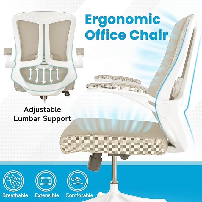 Mesh Office Computer Desk Managerial Executive Chair, Ergonomic High Back Comfy Swivel Gaming Home Chairs with Wheels, Comfortable Lumbar Support, Comfy Arms for Study,Home,Bedroom(Khaki)-DeskLoop Office