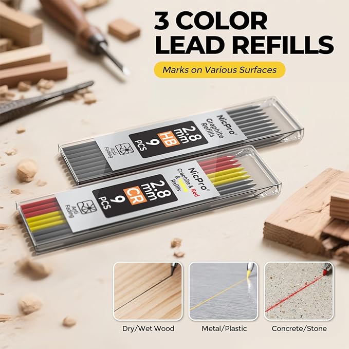Nicpro Carpenter Pencil with Sharpener, CP3000 Carpenter Mechanical Pencils with 19 Refill, Deep Hole Marker for Construction, Heavy Duty Construction Pencil, Woodworking Tool for Architect Marking-DeskLoop Office