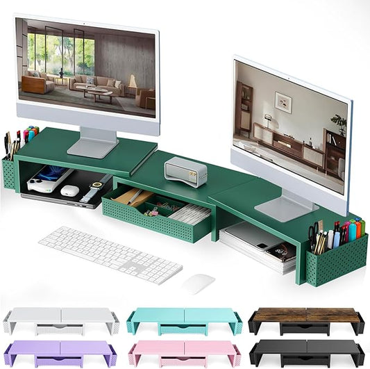 gianotter Dual Monitor Stand Riser, Desk Organizer With Drawer and 2 Pen Holders, Monitor Stand for Desk, Office Decor Essentials (Green)-DeskLoop Office