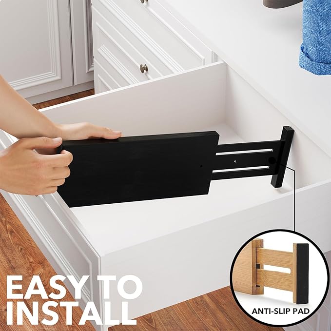 SpaceAid Bamboo Dresser Drawer Dividers 6 Pack, 4.65“ High Adjustable 12.5“-17” Drawer Organizers, Expandable Organization for Clothing, Clothes, Dressers, Black-DeskLoop Office