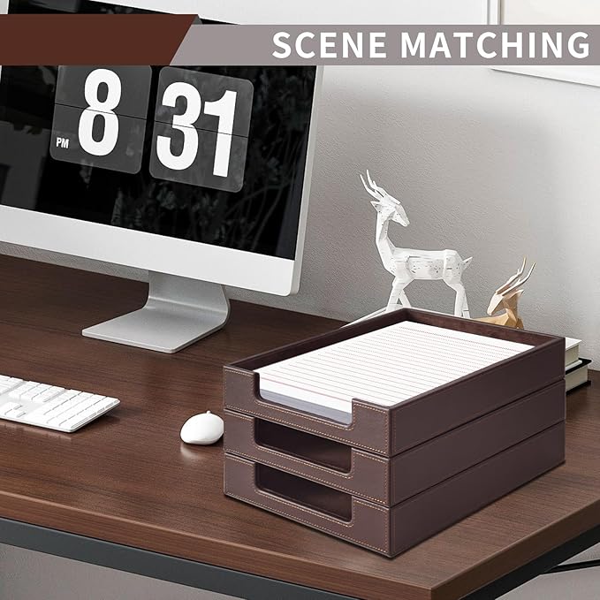 PU Leather Letter Tray - Load Documents Trays Front for Office Desktop Organizer - Desk Magazine, File, A4 Paper Holder - Paper Document File Holder Drak Brown (Drak Brown, A4-Tray)-DeskLoop Office