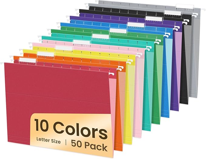 SUNEE Hanging File Folders, 50 Pack Letter Size Hanging File Folders with 1/5-cut Tabs, Stay Organized for Your Home and Office Bulk File, Documents and Paper,10 Assorted Colors-DeskLoop Office