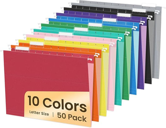 SUNEE Hanging File Folders, 50 Pack Letter Size Hanging File Folders with 1/5-cut Tabs, Stay Organized for Your Home and Office Bulk File, Documents and Paper,10 Assorted Colors-DeskLoop Office