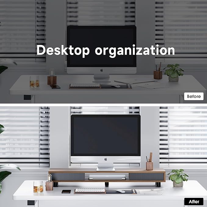 Fenge Dual Monitor Stand, 42.5inch Long Monitor Stands Riser for 2 Monitors, Sliding Door with Storage Organizer Stand for Desk, 2 Tier Desk Shelf for Laptop, Pc, Printer, Computer, TV-DeskLoop Office