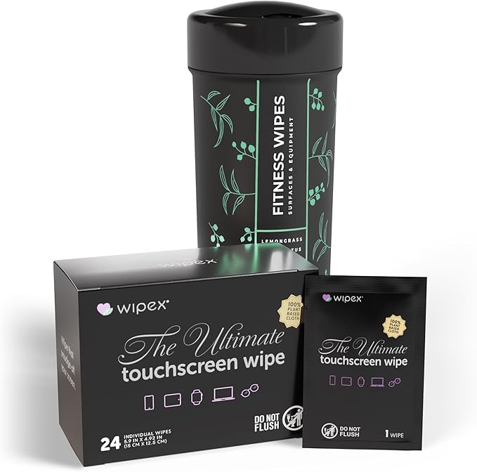 Wipex Screen Wipes & Gym Wipes Combo Pack - 75ct Gym Equipment Wipes Canister & 24ct Individually Wrapped Fitness Touch Screen Wipes, Safe for Yoga Mats & Electronics, Lemongrass Scent-DeskLoop Office