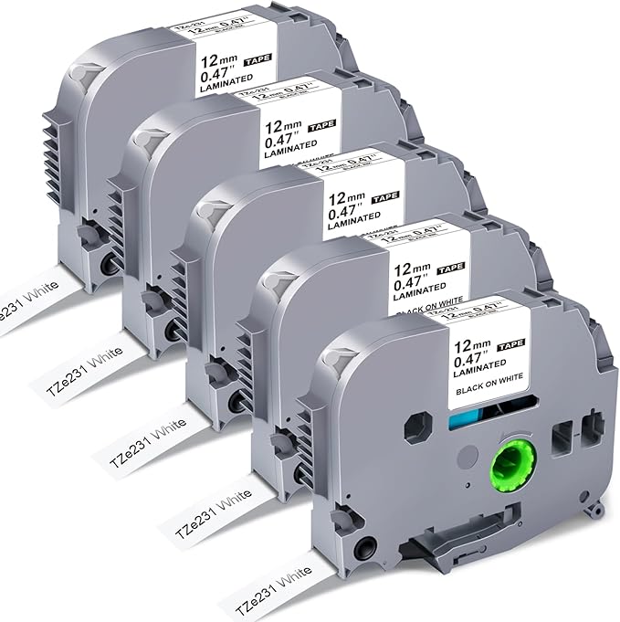 TZe TZ Tape 12mm 0.47 Laminated White Replacement for Brother P Touch TZe-231 TZC-231 P Touch Label Tape Refill Work for Brother P-Touch Label Maker PT-D210 PT-D220 PT-H110 PT-D600 PT-D400, 8m 26.2ft-DeskLoop Office