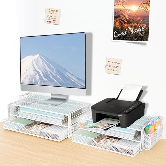AUPSEN Computer Monitor Stands Riser,2-Tier Desk Organizers and Accessories, Office Desk Accessories Organizer with Drawers and 2 Pen Holder for Office Supplies (White)-DeskLoop Office