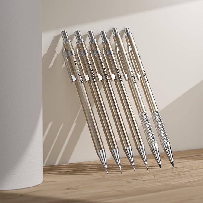 Nicpro 33PCS Metal Mechanical Pencil Set in Leather Case, Art Drafting Pencil 0.3, 0.5, 0.7, 0.9 mm, 2mm Lead Pencil Holders for Sketching Drawing With 18 Tube (6B 4B 2B HB 2H 4H Colors) Lead Refills-DeskLoop Office