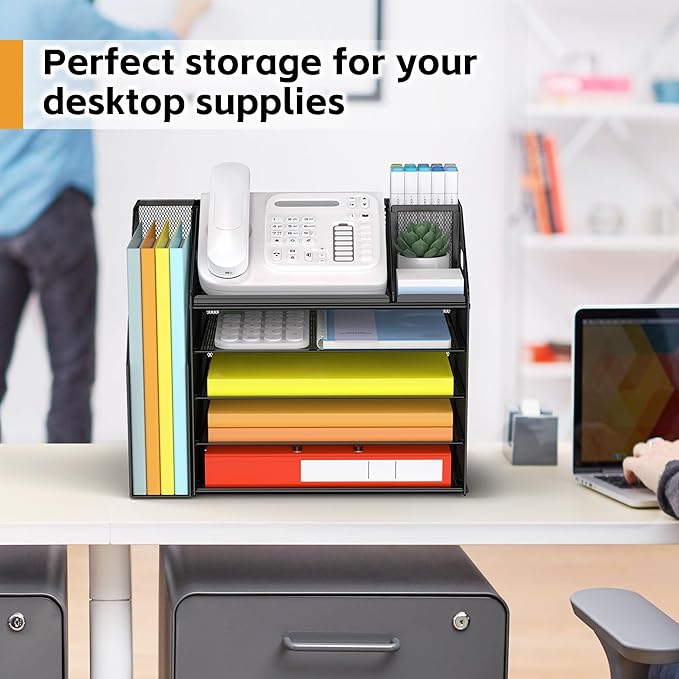DocNest 5 Tier Paper Letter Tray File Organizer, Mesh Desk File with Handle, Workspace Desk Organizers with Pen Holder, Office Organization Storage Accessories - Black-DeskLoop Office