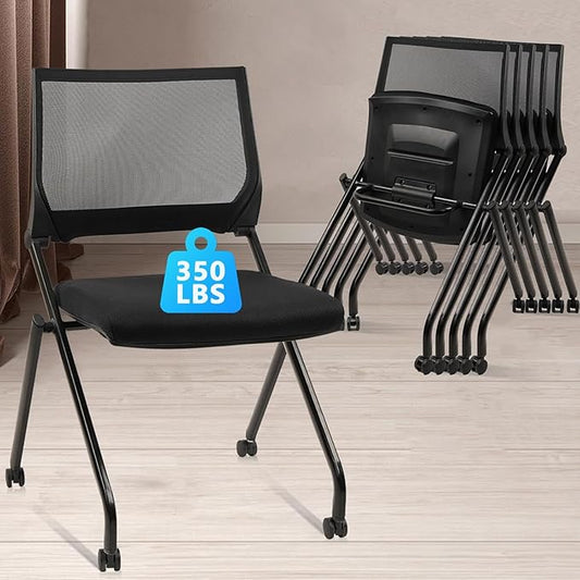 CLATINA Stackable & Foldable Conference Room Chairs, Waiting Room Chairs with Wheels & Lumbar Support, Ergonomic Mesh Bouncing Back Folding Chair for Office Meeting Schools Training Room, Black(8pk)-DeskLoop Office