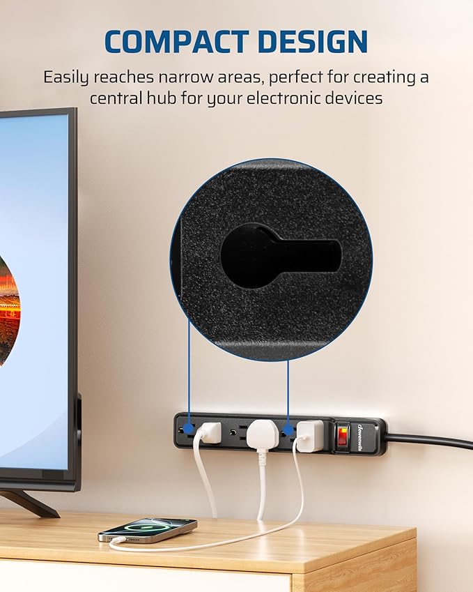 DEWENWILS 15 Foot Long Power Strip, 6-Outlet Power Strip 15FT, 15 Amp Circuit Breaker, Low Profile Flat Plug, Surge Protector for Office, Living Room, Bedroom, 4 Pack, Wall Mount, Black-DeskLoop Office