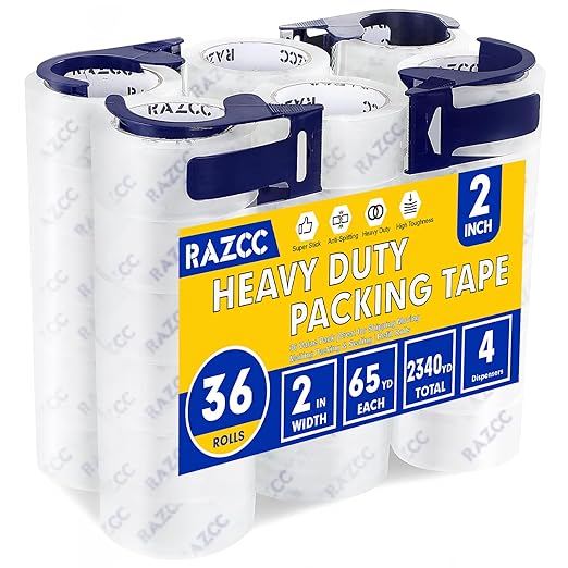 Clear Packing Tape, 36 Rolls Heavy Duty Packaging Tape with Dispensers for Packing Shipping Moving and Sealing, Thicker Packing Tape-2" x 65 Yards Per Roll, 2340 Total Yards-DeskLoop Office