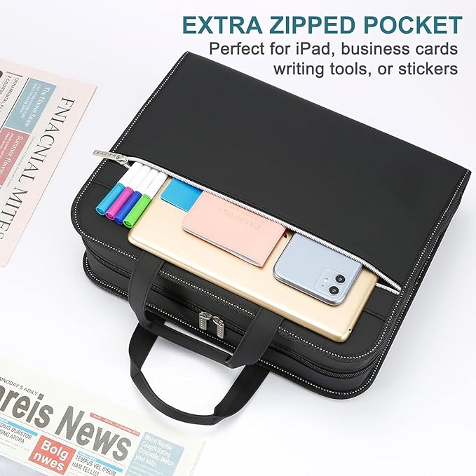 SEEKIND PU Leather Accordian File Organizer 26 Pockets, Expanding File Folder with Handle&Carrying Strap, Document Organizer File Holder for Letter Size / A4 File, for Office, School-Black-DeskLoop Office