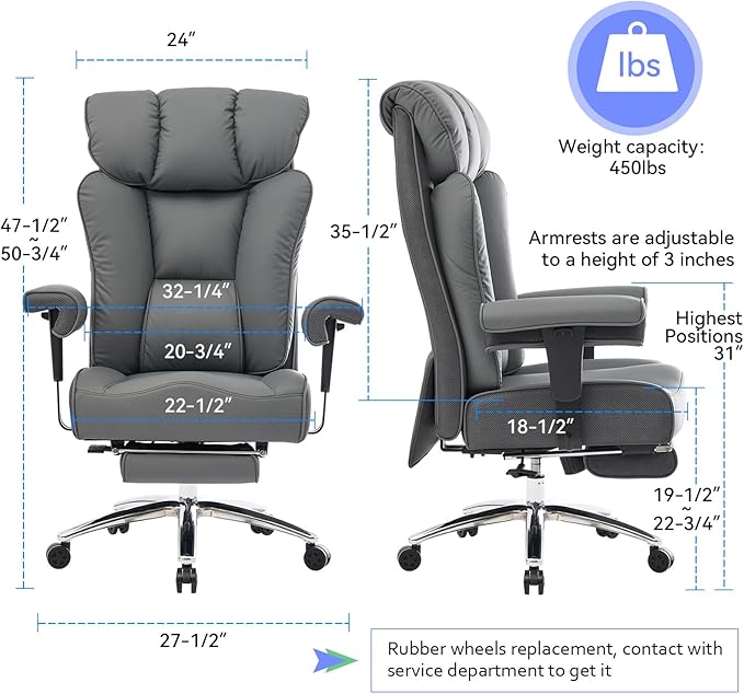 Efomao Big and Tall Office Chair 450LBS with Foot Rest, High Back PU Leather Executive Chair with Adjustable Padded Armrests, Lumbar Support for Home or Work, Heavy Duty Computer Chair, Grey-DeskLoop Office