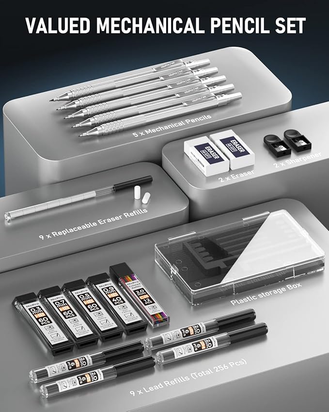 Nicpro Metal Mechanical Pencil Set, 5 PCS Art Drafting Pencils 0.3, 0.5, 0.7, 0.9 mm & 2mm Graphite Lead Holder For Sketching Drawing With 9 Tubes (4B 2B HB 2H Colors) Lead Refills Erasers Case-DeskLoop Office