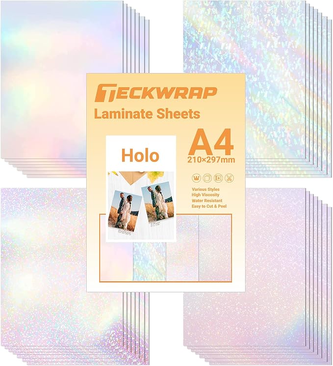 TECKWRAP Holographic Laminate Sheets for Stickers Self Adhesive Vinyl Laminating Sheets Holographic Sticker Paper Clear Vinyl for Inkjet Printer 8.26" x 11.69" A4 28 Sheets (Rainbow,Gem,Star, Sparkle)-DeskLoop Office