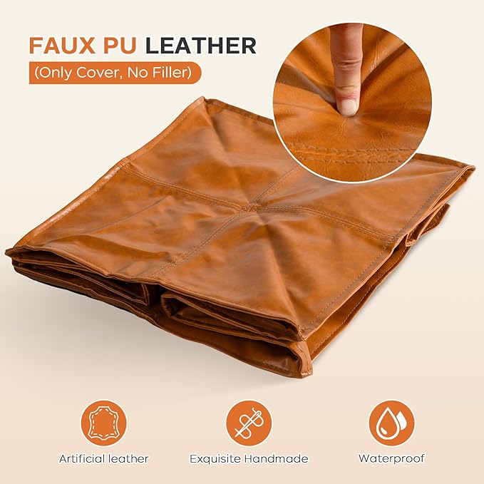Pouf Ottoman Cover, 17.7" Square Unstuffed Pouf Cover, Faux PU Leather Moroccan Poofy Ottoman Footstool, Brown No Filler Footrest, Floor Chair Gifts Foot Rest for Living Room, (Only Cover)-DeskLoop Office