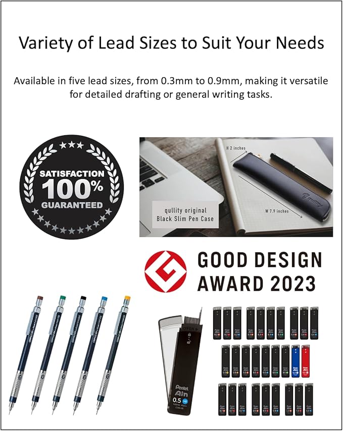 Graphlet Mechanical Drafting Pencil + Ain HB/B/2B leads, original Black slim pen case (5 sizes)-DeskLoop Office