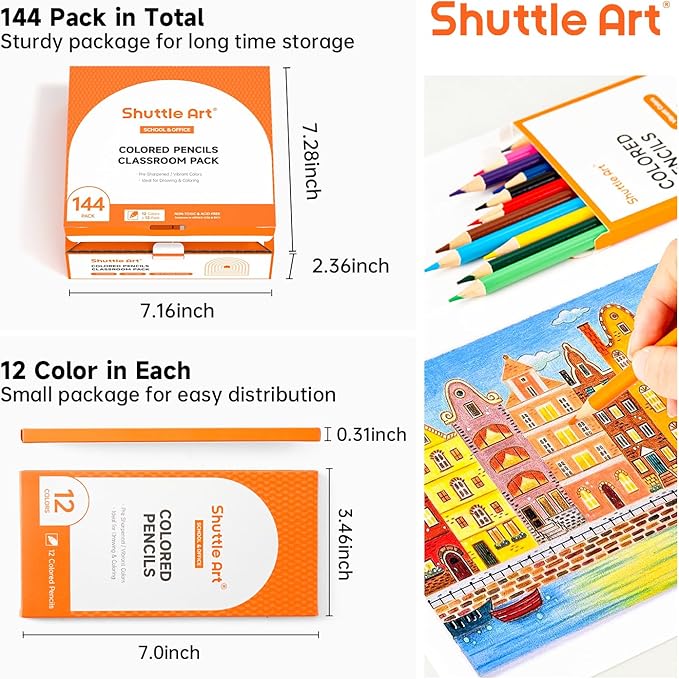 Shuttle Art 144 PCS Colored Pencils Bulk, 12 Assorted Colors, Pack of 12, Break-Resistant, Pre-sharpened Colored Pencils for Kids, Bulk Pack School Supplies for Teachers & Students-DeskLoop Office