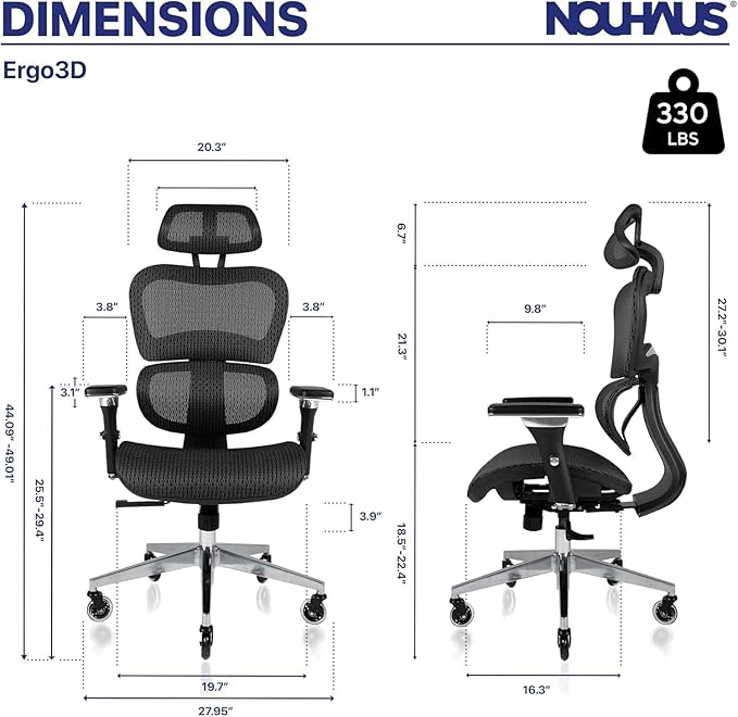 Nouhaus Ergo3D Ergonomic Office Chair Lumbar Support Mesh Office Chair with 4D Adjustable Armrest, Adjustable Headrest and Wheels, Mesh High Back Home Office Desk Chairs(Black)-DeskLoop Office