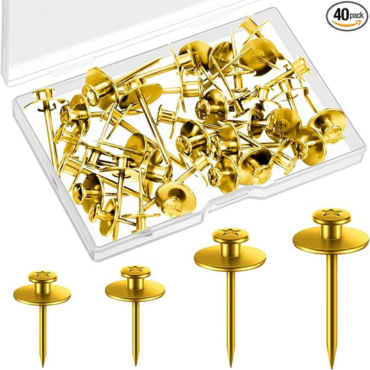 Zhengmy 40 Pcs Double Headed Picture Hangers Nails 4 Size Long Thumb Tacks Wall Nails for Hanging Pictures Decorative Push Pins Hooks for Drywall Photo Office Home Decor, 20/30/ 40/ 50lb(Gold)-DeskLoop Office