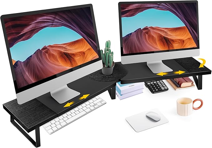 Dual-Monitor Stand for Desk - Large Adjustable Length and Angle Riser for 2 Monitors, Double Computer Desktop Organizer, Shelf for TV, Laptop, Printer-DeskLoop Office