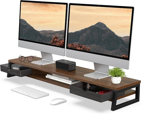 Fenge Dual Monitor Stand, Monitor Riser with Drawer, 42.5 Inch Large Computer Monitor Stand for 2 Monitors, 2 Tier Wooden Desk Shelf for Top of Desk-DeskLoop Office