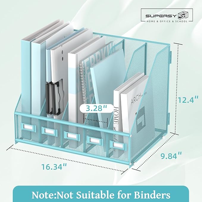 SUPEASY Desk Organizers Metal Desk Magazine File Holder with 5 Vertical Compartments Rack File Organizer for Office Desktop, Home Workspace, Blue-DeskLoop Office