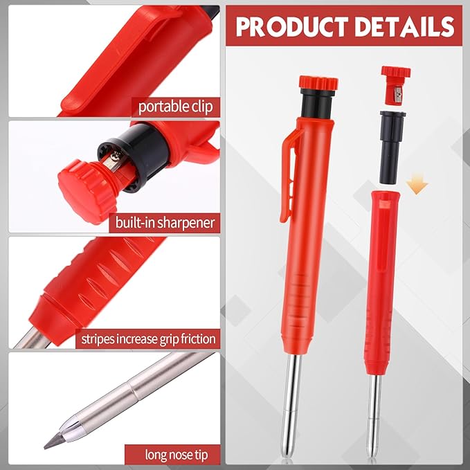 8 pack 2.8mm Mechanical Carpenter Pencils with 48 Refills, Construction Pencils with Built-in Sharpener, Long Nib Deep Hole Marker, Heavy Duty Woodworking Tools (Black+red)-DeskLoop Office