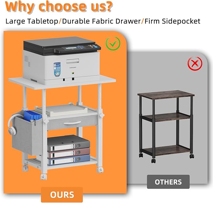 Large 22"x15" Printer Stand, 3-Tier Height Adjustable with Storage Drawer & Side Bag, Rolling Cart for Heat Press/Laser/3D Printer (White)-DeskLoop Office