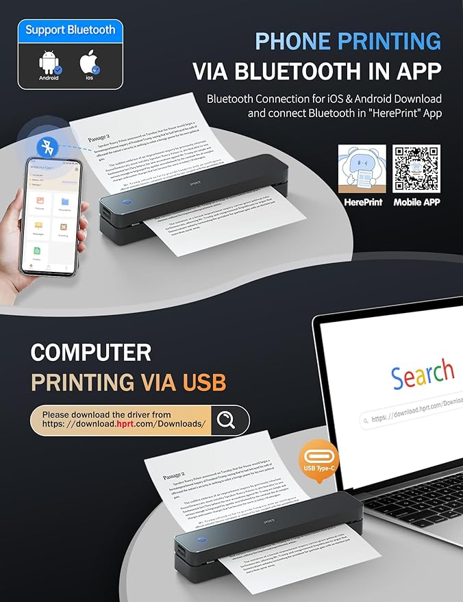 PRT Portable Printer Wireless for Travel, Inkless Bluetooth Small Mobile Thermal Printer, Support 8.5" X 11", A4, Compatible with iOS, Android, Laptop for Home Use, Office & Vehicles, 300 DPI, Black-DeskLoop Office