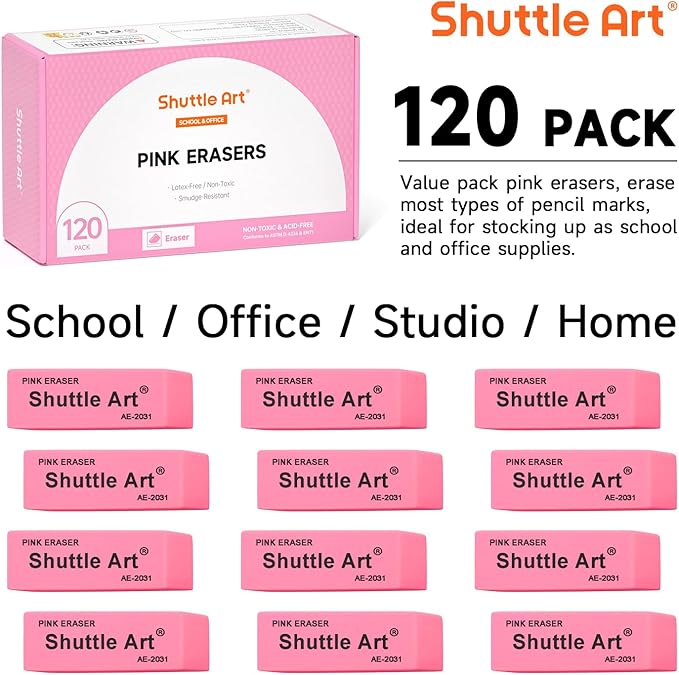 Pink Erasers, Shuttle Art 120 Pack Pink Erasers Bulk for School, Office, Latex-Free Soft Eraser for Kids, Teachers as School Supplies-DeskLoop Office