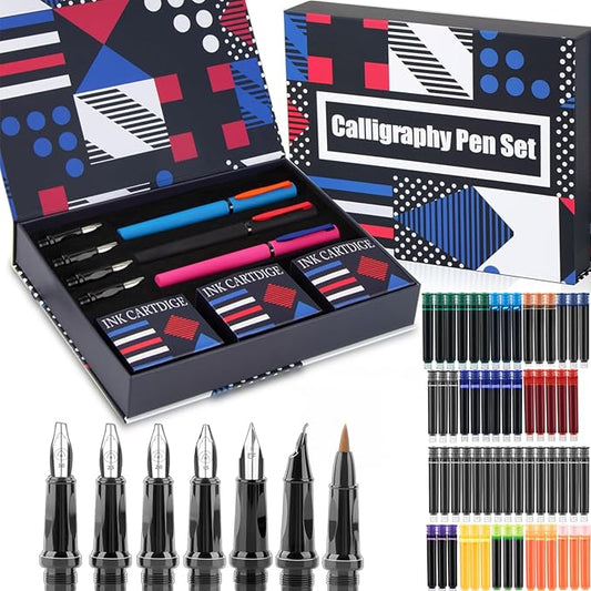 Calligraphy Pen Set,Fountain Pens with 7 Different Replaceable Nibs with 60 Ink Cartridges(12 Colors),Calligraphy Set for Beginner Writing Drawing-DeskLoop Office