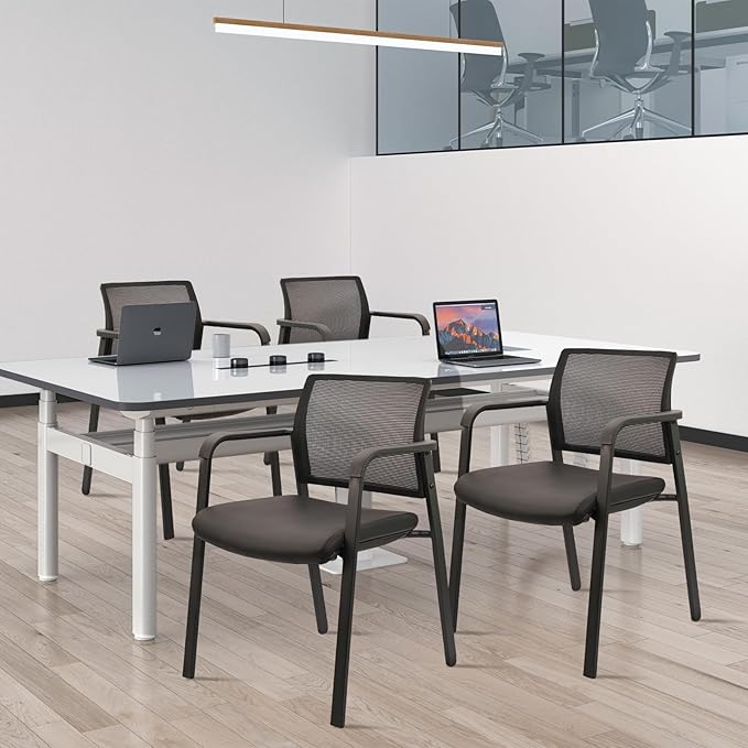 CLATINA Stackable Office Chair, Mesh Back Guest Chairs with Comfortable Leather Seat Arms Stacking Ergonomic Desk Chair No Wheels for Conference Waiting Reception School Stationary, Black, Set of 2-DeskLoop Office