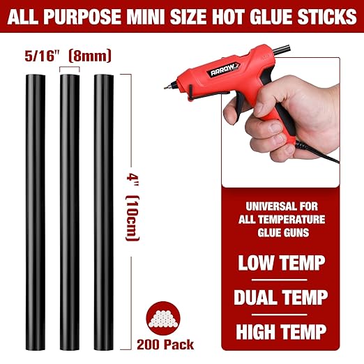 Arrow Mini Hot Glue Sticks, 200 Pack Black Glue Gun Sticks, 4" and 5/16'' Diameter High Viscosity All-Purpose Gun Stick for DIY Art, Craft General Repairs, Festival Home Decoration-DeskLoop Office
